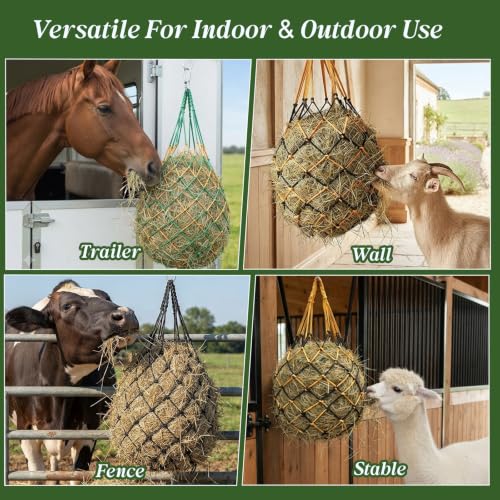 3 Pack Slow Feed Hay Nets for Horses, 25.6×23.6in Hanging Horse Hay Feeder Bags, 2.36×2.36in Mesh Polypropylene Hay Nets with Hooks & Gloves for Goat Sheep Livestock Stable Trailer Pasture