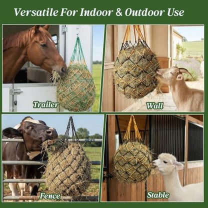 3 Pack Slow Feed Hay Nets for Horses, 25.6×23.6in Hanging Horse Hay Feeder Bags, 2.36×2.36in Mesh Polypropylene Hay Nets with Hooks & Gloves for Goat Sheep Livestock Stable Trailer Pasture