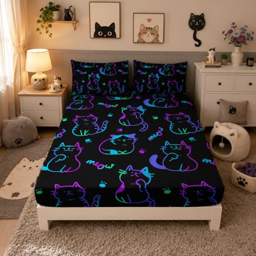 3D Neon Cat Sheets Queen Size Bed Set,1 Fitted Sheet+2 Pillowcases. - color: Black, size: Queen