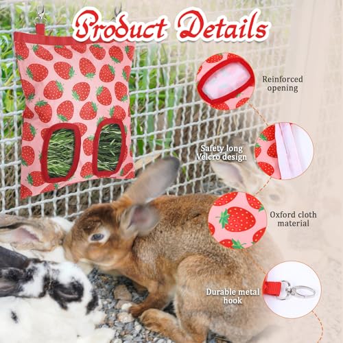 Rabbit Hay Feeder, 2 Hole Washable Hanging Hay Bag for Guinea Pig - color: strawberry