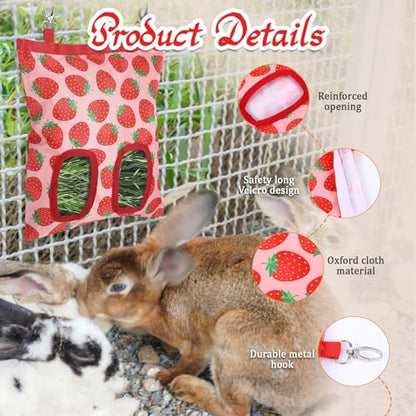 Rabbit Hay Feeder, 2 Hole Washable Hanging Hay Bag for Guinea Pig - color: strawberry