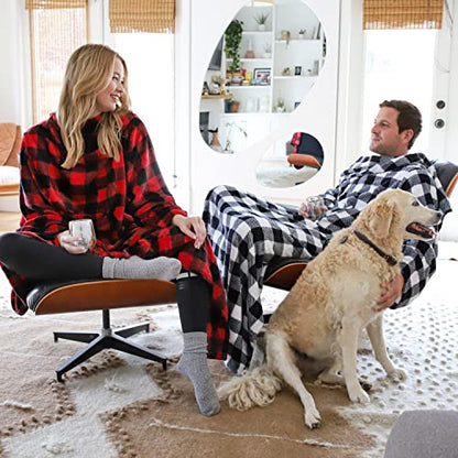 Catalonia Wearable Blanket with Sleeves for Women & Men, Fleece Wrap Throw - color: Plaid White
