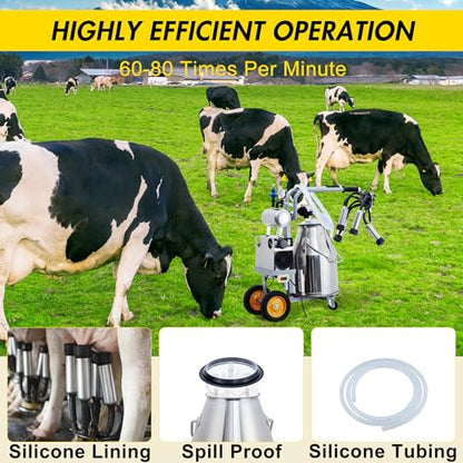 Electric Cow Milking Machine, 6.6 gal / 25 l Automatic Pulsation Vacuum Milker, Bucket Milker, Portable Milking Equipment with Stainless Steel Bucket and Food-Grade Silicone Cups and Tubes