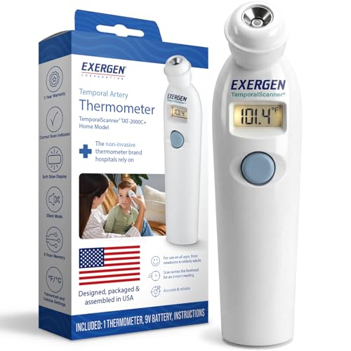 Exergen TAT-2000C+ Temporal Artery Thermometer, White, 9V Included | Thermometer For Adults, Kids, & Newborns | Soft Glow LCD, Silent Mode, 8 Memory Readings