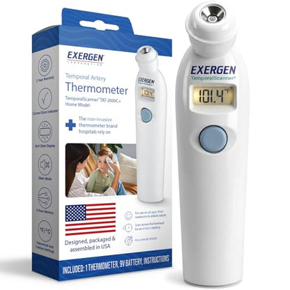 Exergen TAT-2000C+ Temporal Artery Thermometer, White, 9V Included | Thermometer For Adults, Kids, & Newborns | Soft Glow LCD, Silent Mode, 8 Memory Readings