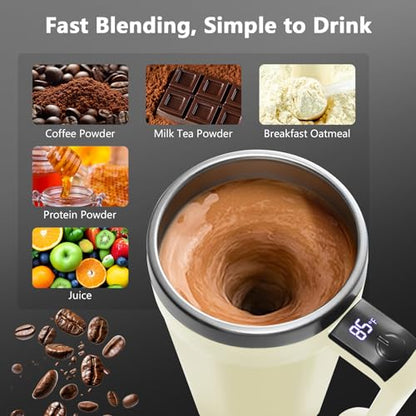 Self Stirring Coffee Mug with Temperature Display, 18 oz Rechargeable Self Stirring Mug with Lid, Automatic Self Stirring Cup with Stainless Steel for Coffee, Milk, Beverages, White - color: White