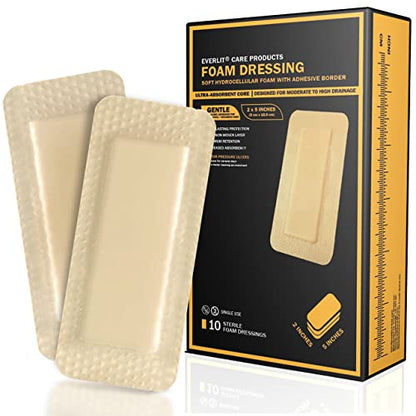 EVERLIT Care Silicone Foam Dressing with Adhesive Border | Highly Absorbent Hypoallergenic Bandages for Chronic Wounds, Bed Sores, Pressure Ulcers | Gentle & Secure Adhesion (2" x 5" | 10 Pack) - size: 2" x 5" | 10 Pack