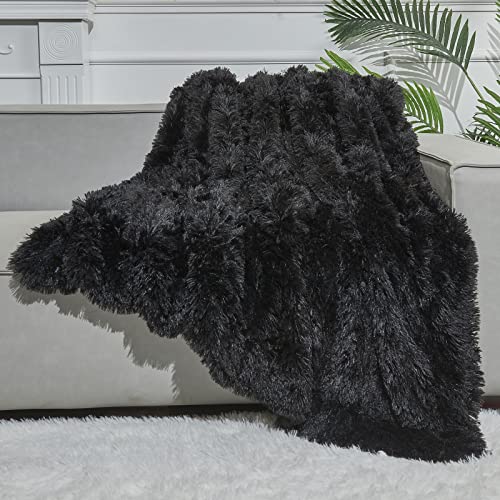 GONAAP Fuzzy Faux Fur Twin Blanket for Couch, Black, 60"x80" - color: Black, size: Twin(60"x80")