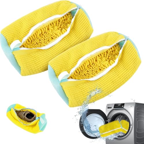 Shoe Washing Bag for Laundry Machine – Heavy-Duty Sneaker Laundry Bag Protector with Thick Microfiber Cushion, Zipper Cover & Mesh Sides – Shoe Cleaner Bag for Washer & Dryer (Yellow) - color: Yellow