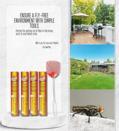 4X Starbar Fly Sticky Fly Trap Indoor and Outdoor 12 inch Bundle with Fly-Swatter – Sticky Hanging Trap Help Attracts and Captures Flying Insects – Gift Set (5 Items)