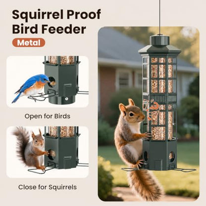 Metal Hanging Squirrel Proof Bird Feeders, Gravity Spring Closure System, Chew Resistant, Large Capacity, Weatherproof Bird Feeders for Outdoors, Olive Green
