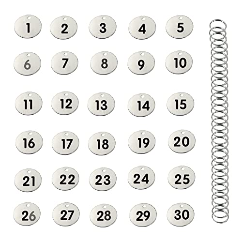 Stainless Steel Numbered Tags, Round Metal Key Tags ID Tags with Rings (1-30)