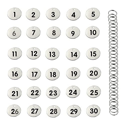 Stainless Steel Numbered Tags, Round Metal Key Tags ID Tags with Rings (1-30)