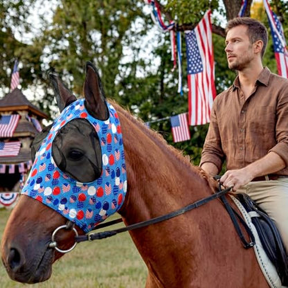 12 Pcs 4th of July Horse Fly Mask with Ears 250th Anniversary Patriotic Fly Mask for Horses Smooth Comfortable Elasticity UV Protection Face Covering for Memorial Day (Medium)