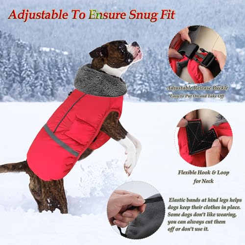 Dogcheer Warm Dog Coat, Christmas Dog Jacket Waterproof Puppy Winter Coat with Buckles, Reflective Adjustable Pet Snow Jacket Turtleneck Fleece Sweater for Small Medium Large Dogs - Red, S - color: Red, size: Small