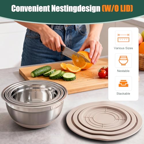 Stainless Steel Mixing Bowls Set with Lids & Silicone Base,7‑Piece Set - color: Khaki