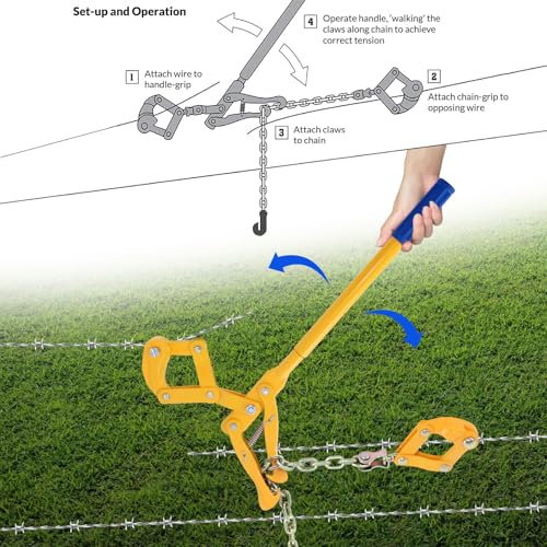 47.25" Chain Link Fence Strainer, Heavy Duty Barbed Wire Tensioner | Chain Strainer Wire Tensioner Labor-Saving Lever Design Capacity 2200lbs for Farm - color: Yellow