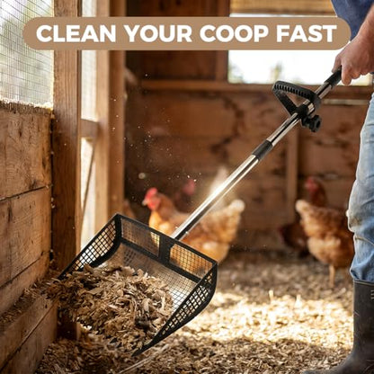 Chicken Poop Scooper, 2-in-1 Rake & Sifter, 24-68in Extendable Stainless Steel Handle with 12" Wide Metal Shovel Head, Poultry Litter Cleaner for Chicken Coop and Goat Stall