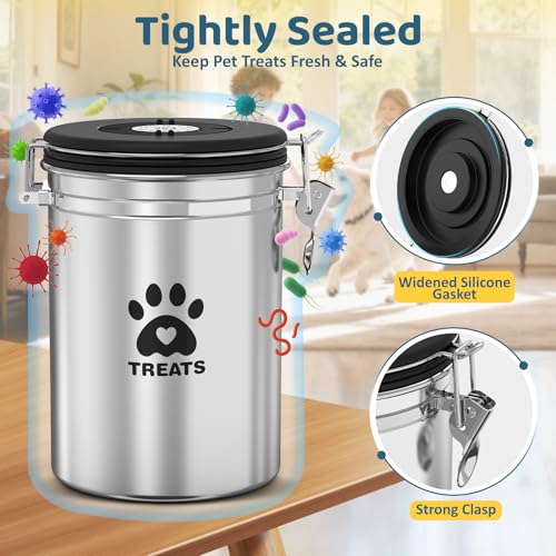 ENONCI Airtight Dog Treat Canister, 304 Stainless Steel Food Storage Jar with Date Dial Silver-1.8L - color: Silver, size: 1.8l