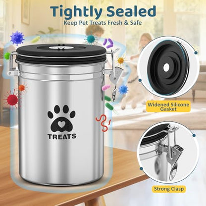 ENONCI Airtight Dog Treat Canister, 304 Stainless Steel Food Storage Jar with Date Dial Silver-1.8L - color: Silver, size: 1.8l