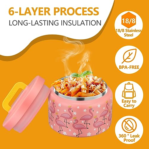 PIQUEBAR 8oz Kids Thermo for Hot Food,Small Lunch Thermo Food Container Stainless Steel,Easy Open Wide Mouth Thermo for Hot Cold Food for Preschool Travel - color: Pink Flamingos
