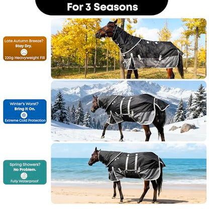 1200D Turnout Horse Blanket with Hood, Medium Weight, Black/Gray, 78IN - color: Black/Gray With Band, size: 78 IN