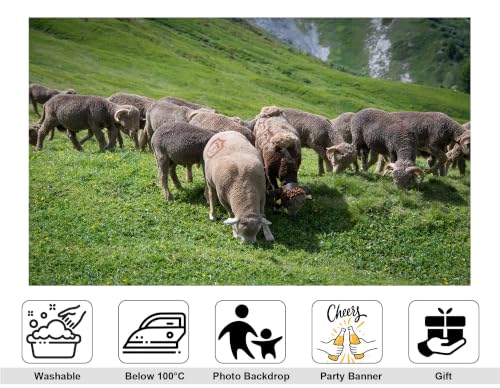 8x8ft Horned Wool Sheep Herd Backdrop Green Alpine Meadow Wild Yellow Flower Photography Background Tapestry Party Mountain Wildlife Scenery Decorations Banner Photo Booth Props - size: 8x8ft