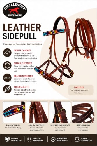 CHALLENGER Horse Western Leather Tack Beaded Bitless Sidepull Bridle Reins Brown 77RS16 - color: Tan/Beaded
