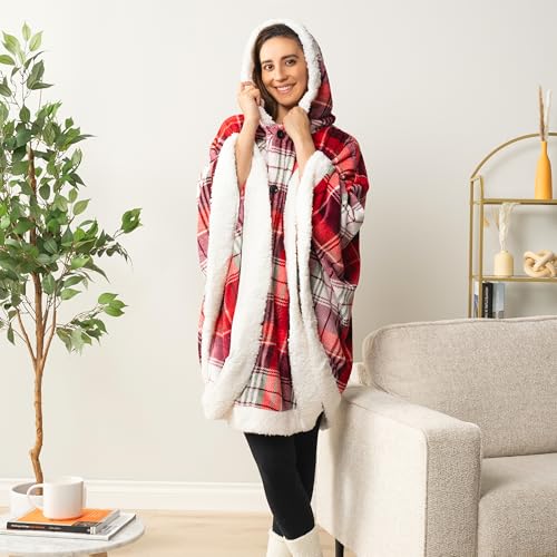 PAVILIA Hooded Blanket Poncho Fleece Wearable Shawl Wrap Throw Tartan Plaid | Fleece Shawl Wrap with Hood, Adult Wearable Blanket, Cozy Warm Poncho Cape Throw with Pockets, Gift for Elderly Mom - color: Tartan Plaid