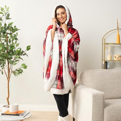 PAVILIA Hooded Blanket Poncho Fleece Wearable Shawl Wrap Throw Tartan Plaid | Fleece Shawl Wrap with Hood, Adult Wearable Blanket, Cozy Warm Poncho Cape Throw with Pockets, Gift for Elderly Mom - color: Tartan Plaid