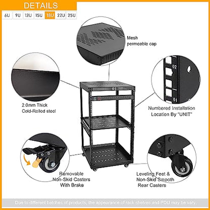 RIVECO OFCO 18U Network Rack with Reinforced Top & Bottom Vented Plates - 4 Rolling Wheels Floor Standing Rack for 19" Equipment & Stereo Gear - Including 1PCS Rack Shelf & Rail Mount PDU - size: 18U