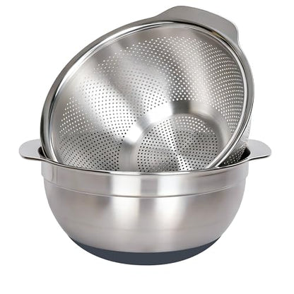 304 Stainless Steel Colander and Strainer, 5QT Large Capacity and 6QT Mixing Bowl, Micropore for Washing Rice, Fruit, and Cooked Pasta, Perfect Draining for Grain and Bean - size: 5QT+6QT