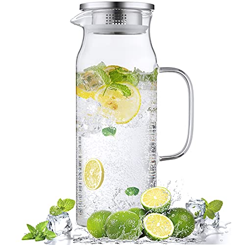 Bivvclaz 1.6 Liter 54 oz Glass Pitcher with Lid and Handle, Glass Carafe Water Pitcher for Hot/Cold Water, Iced Tea, Drinks, Coffee, Juice and Homemade Beverage - color: Clear, size: 54 Ounces