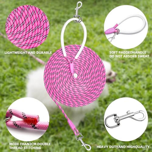 Lightweight Nylon Training Leash 30FTx1/4in Pink with Comfortable Silicone Handle Highly Reflective No Tangle for Dogs Cats Outside Walking Camping Backyard.