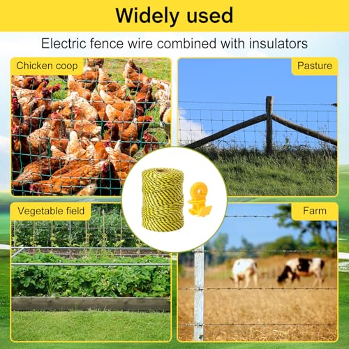 MorningRo 656ft Electric Fence Polywire with 50 Yellow Electric Fence Insulator, 6 Steel Strands Polywire for Reliable Conductivity and Rust Resistance High Conductivity for Garden Farm