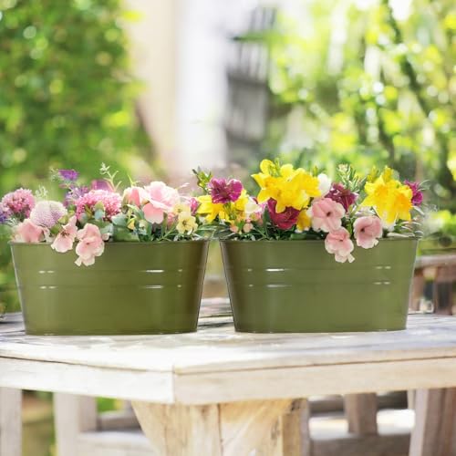 3 Pack Metal Railing Planters, 10.5" Oval Hanging Flower Pots with Detachable Hooks & Drainage Holes, Fits Rails up to 2.36", Galvanized Iron Fence Bucket for Balcony Garden Patio - Green - color: Green, size: 3 Pack, 10.5"L x 5.7"W x 4.7"H