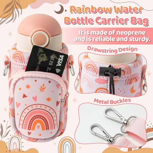 Water Bottle Carrier Bag with Strap for Kids - Water Bottle Bag Holder with Padded Strap Pocket 10/12/14/16/18Oz for Boys Girls School Walking Hiking Camping - style: Boho