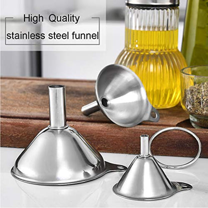 Metal Stainless Steel Funnel, Large Medium Small Funnel Set of 3, Food Grade Mini Kitchen Funnels for Transferring Essential Oils, Liquid, Fluid, Small Funnels for Filling Bottles Flask Cooking - size: 3 Pack Mini (2.36" + 1.77" + 1.37")