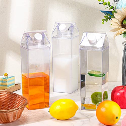Remerry 3 Pcs Milk Carton Water Bottle Square Plastic Coffee Portable Reusable Milk Carton Cup Leakproof Juice Bottle - color: Clear, size: 34 oz