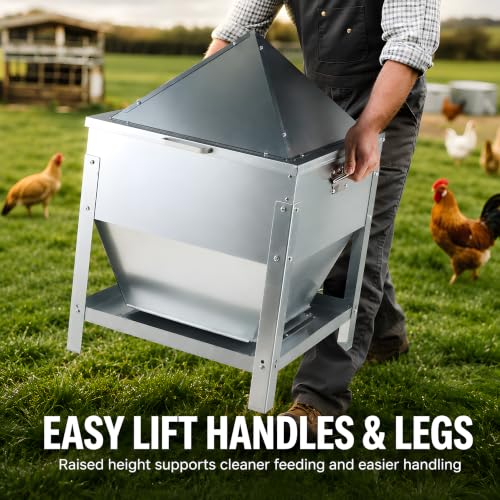 80LBS Large Metal Chicken Feeder, Galvanized Steel Gravity Chicken Feeder with 4-Sided Trough, No Waste Design, Waterproof Locking Lid, Heavy Duty Automatic Outdoor Poultry Feeder for Backyard & Farm