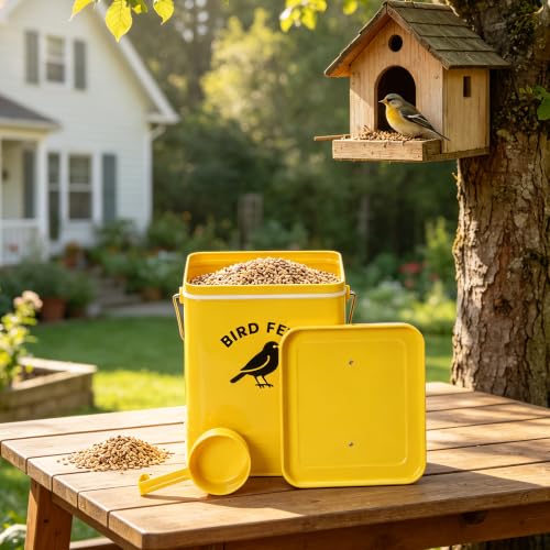 Bird Seed Storage Container, Airtight Metal Bird Food Canister Holds 5-6 LBS Wild Bird Feed, Metal Bird Feed Tin with Wooden Handle & Measuring Scoop, Dry Pet Snack & Grain Storage Bin - color: Yellow