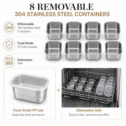 Ankou Snackle Box Container, Stainless Steel Divided Serving Tray with Lid, Handle and Forks - color: 8 pack