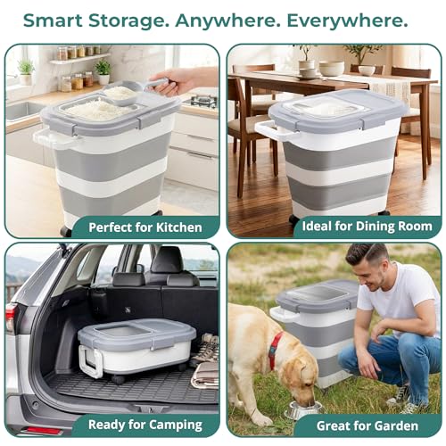 Collapsible Rice Storage Container 25–35 lbs, Airtight, Space-Saving Food Storage Bin with Wheels and Measuring Cup, Easy-Pour Grain Dispenser for Rice, Flour and Pet Food
