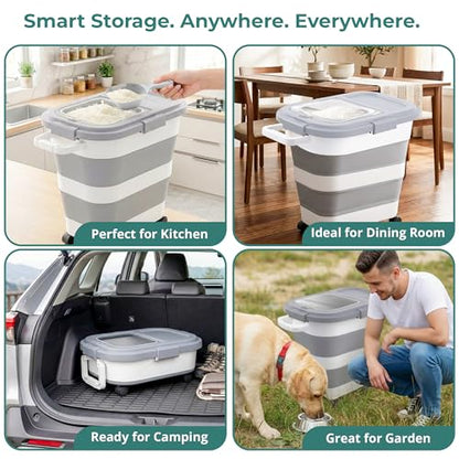 Collapsible Rice Storage Container 25–35 lbs, Airtight, Space-Saving Food Storage Bin with Wheels and Measuring Cup, Easy-Pour Grain Dispenser for Rice, Flour and Pet Food