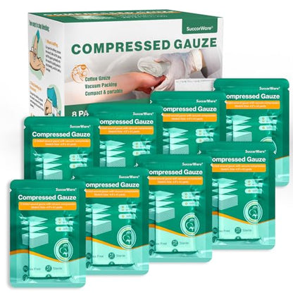 SuccorWare 8 Packs Sterile Compressed Gauze with Z-Folded - Wound Gauze for Bleed Stop, 4.5" x 4.1 Yards, 6-Ply - for First Aid Kit,Medical Trauma Kit, IFAK Supplies Refill