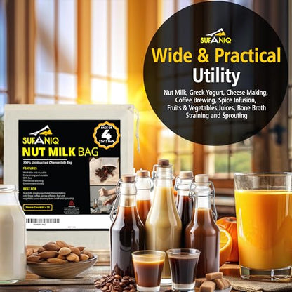 SUFANIQ Nut Milk Bag - 4 Bags (12 x 12 Inch) 100% Unbleached Cotton Cheese Cloth Bag for Straining, Premium Nut Milk Bag Reusable, Nut Bag Strainer for Almond, Soy, Oat Milk, Juices, Cheese Making - size: 12x12 / 4 pieces