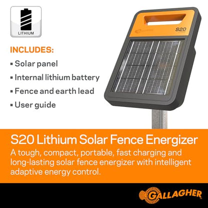 Gallagher S20 Solar Electric Fence Charger with Polywire and Polytape | Complete Electric Fence Kit with High-Visibility Top Strand for Livestock, Gardens, and Predator Control