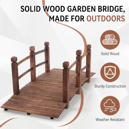 Outvita 5FT Stained Wooden Garden Footbridge with Safety Railings - size: 5ft-carbonated
