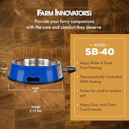 Farm Innovators Heated Pet Water Bowl, 40W Heated Water Dish - 3 Quart Stainless Steel Watering Station with Anti-Chew Cord Protector for Dogs & Cats | Thermostatically controlled to operate only when necessary, non-skid/non-tip rubber bottom, anti-chew c