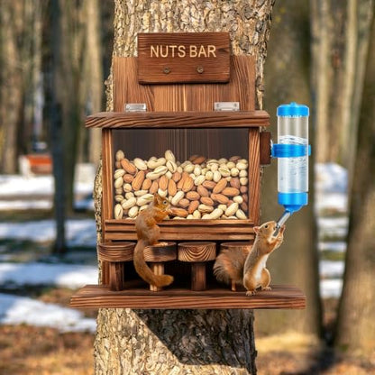 Squirrel Feeders for Outside Tree Wooden Squirrel Picnic Table Feeder for Corn Peanut Hanging Chipmunk House The Nut Bar with Squirrel Water Feeder